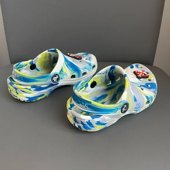 Crocs Kids Classic Marble Clog Blue/Lime/White Dye Power Ranger Jibbitz Size 10C - Picture 8 of 13